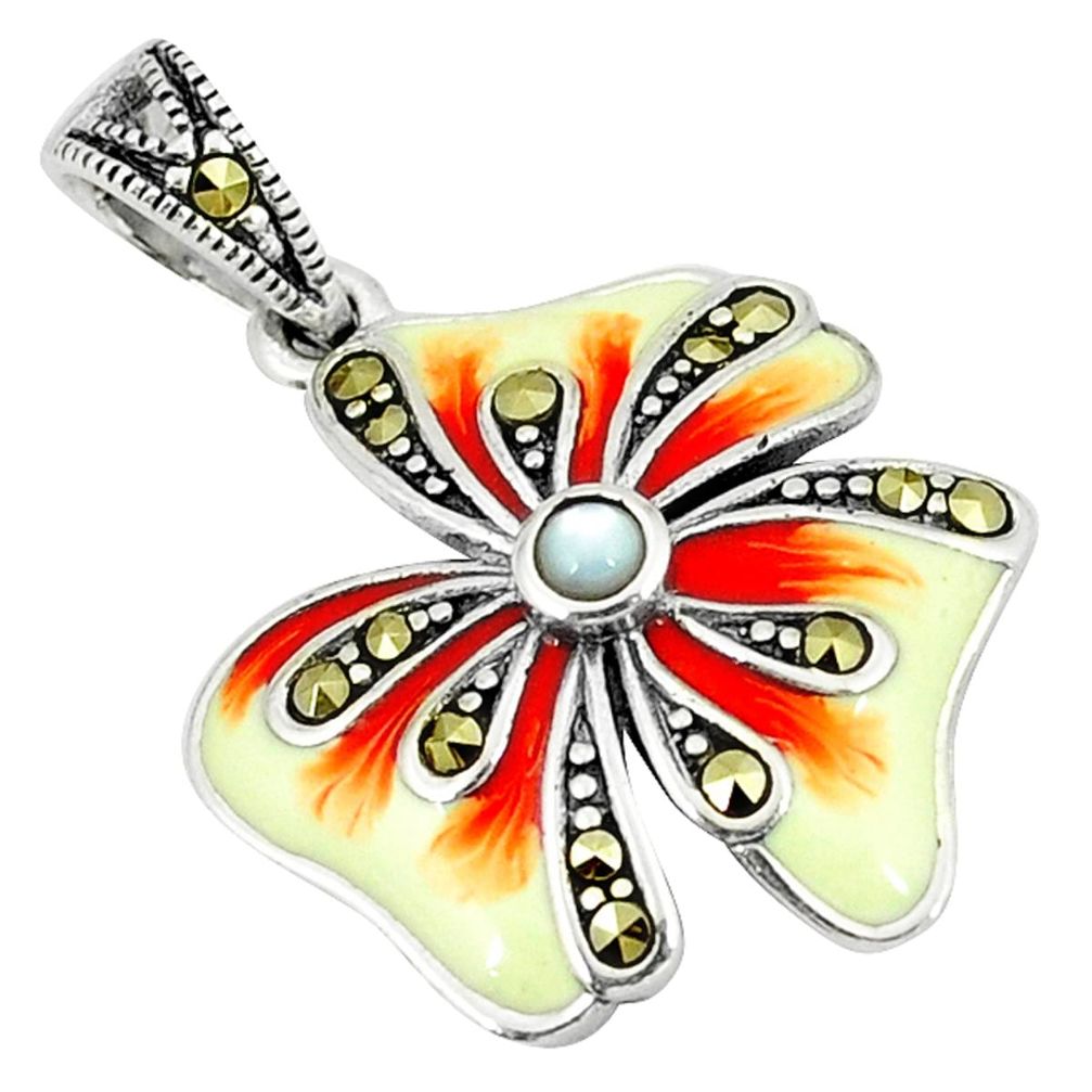 Clearance Sale-Natural white pearl marcasite enamel 925 sterling silver pendant a51309