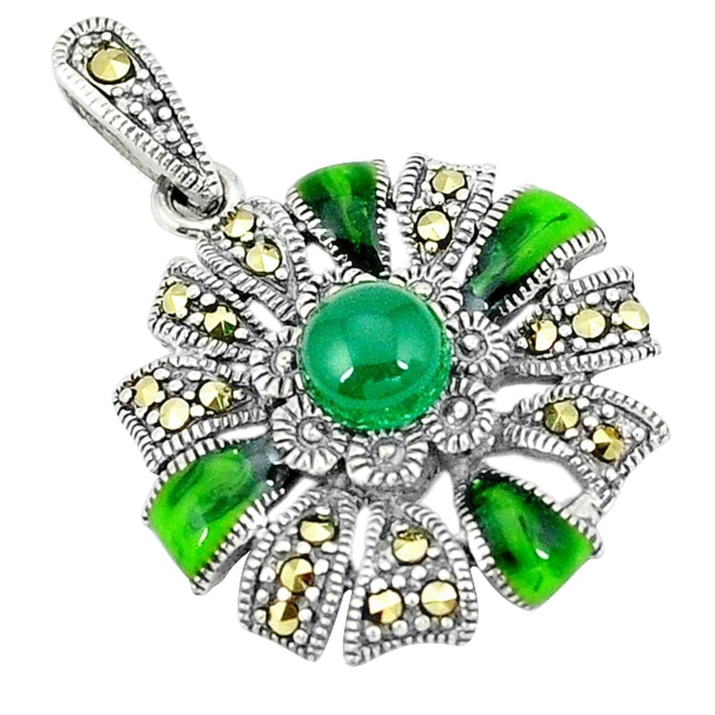Clearance Sale-925 sterling silver natural green chalcedony marcasite enamel pendant a51314