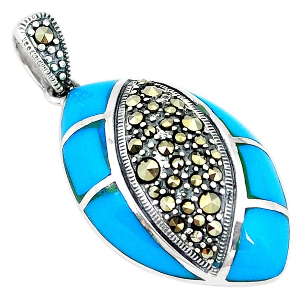 Clearance Sale-Blue sleeping beauty turquoise marcasite 925 silver pendant a51348