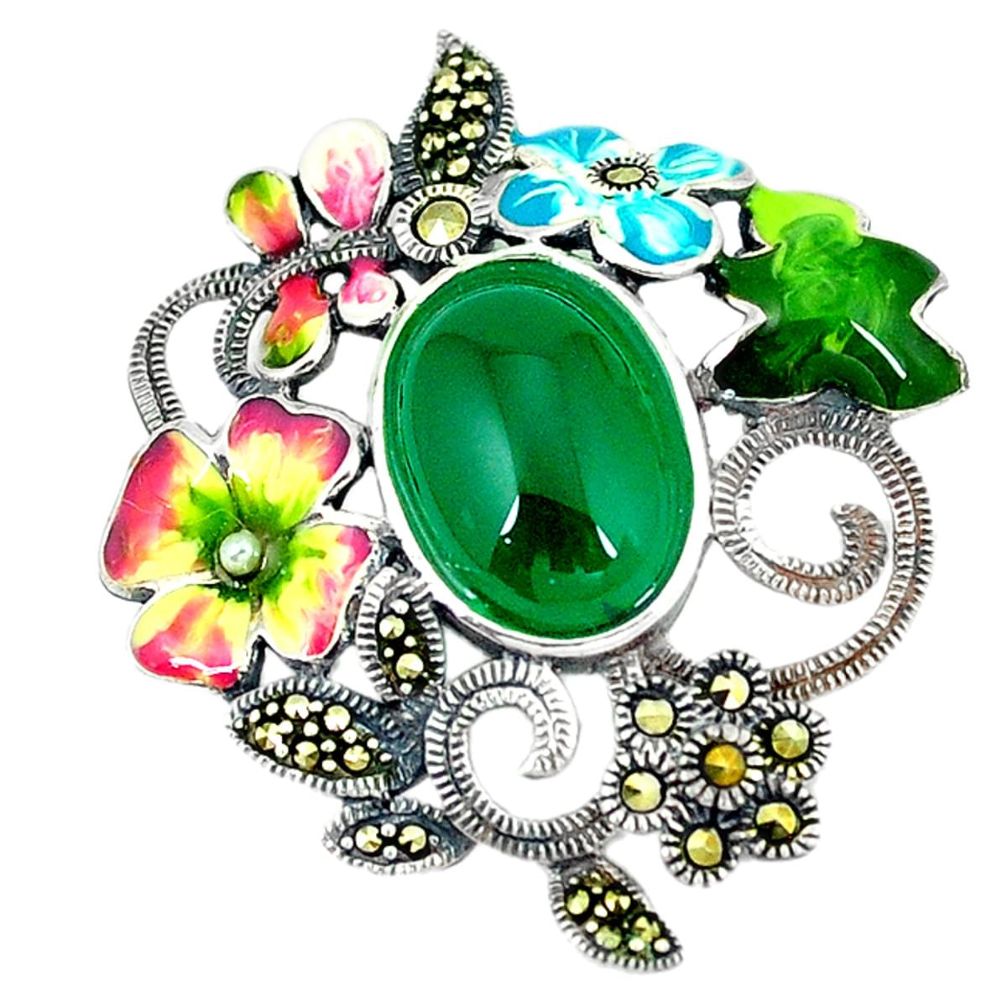 Clearance Sale-925 silver natural green chalcedony marcasite enamel flower pendant a51404