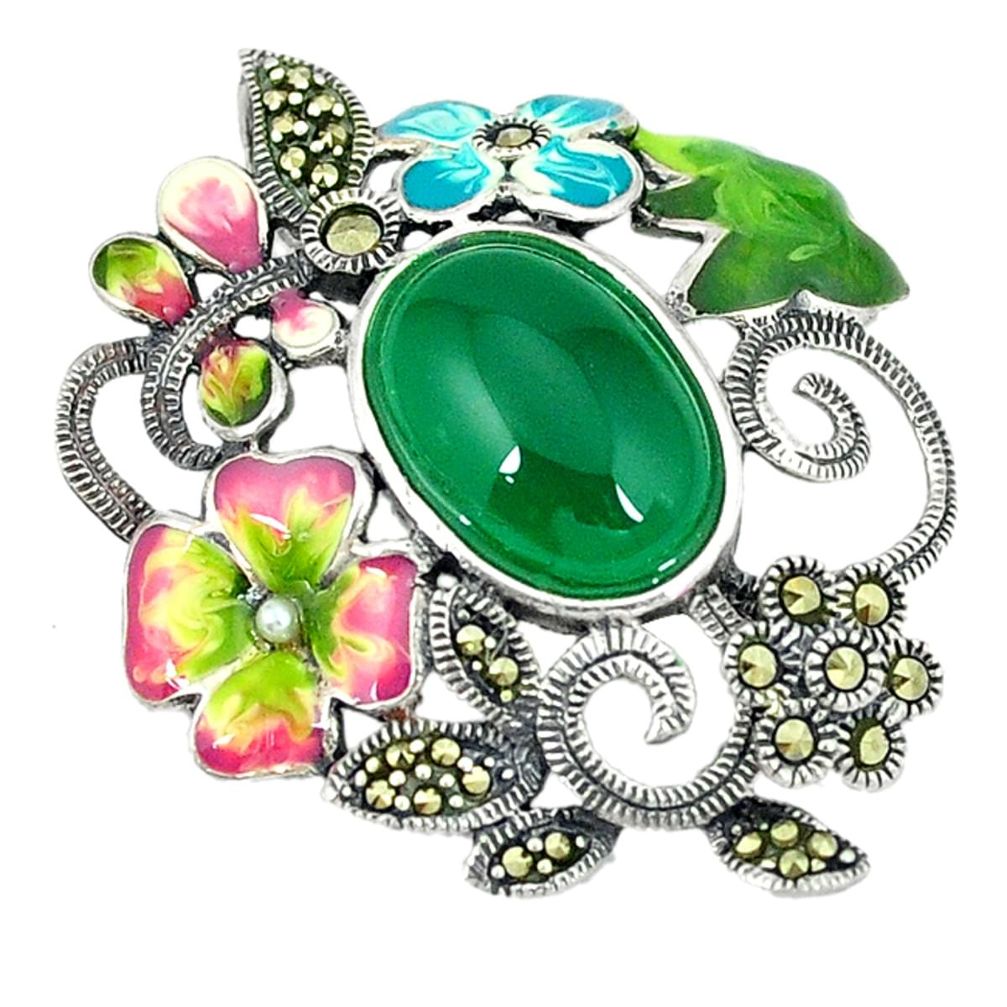 Clearance Sale-925 silver natural green chalcedony enamel marcasite flower pendant a51408