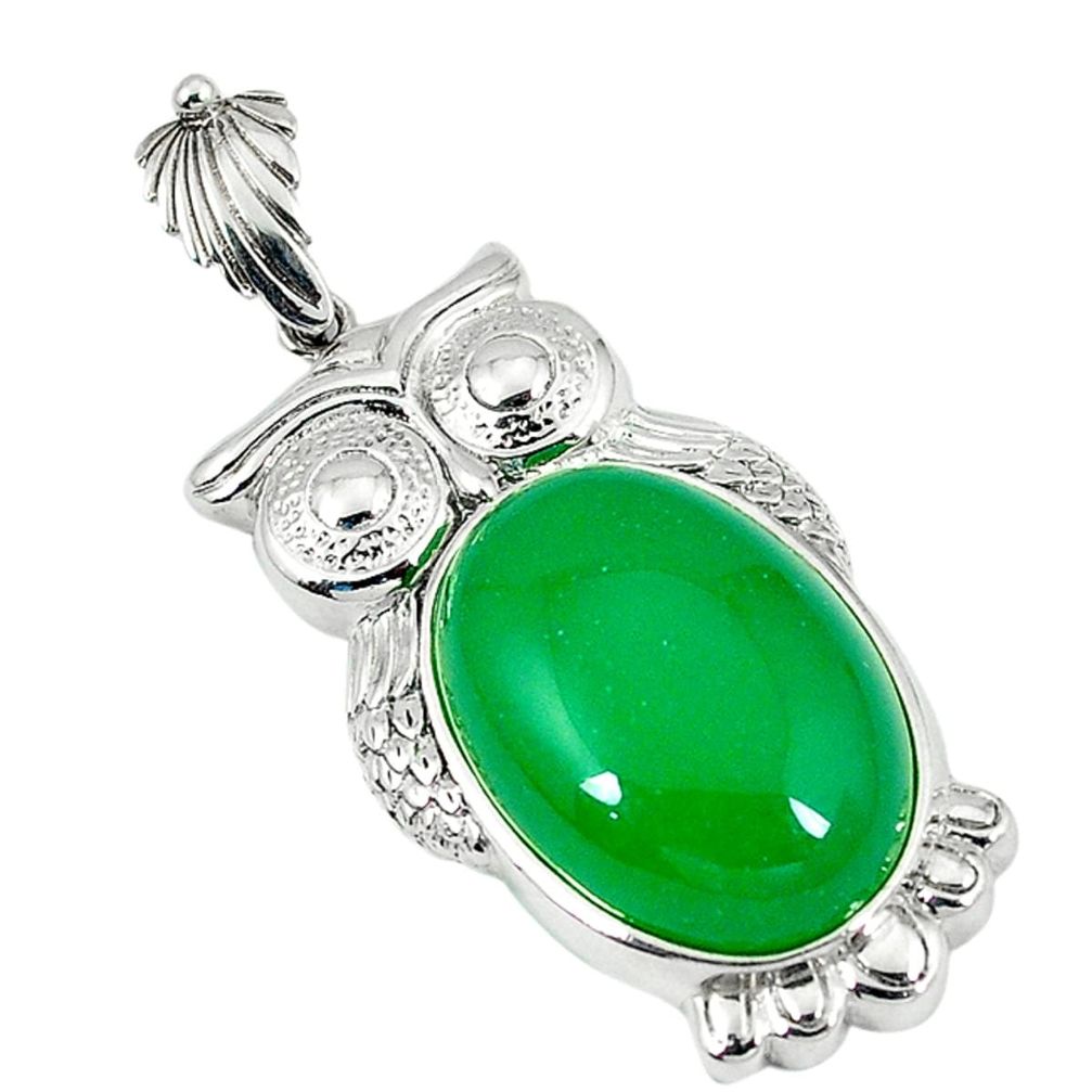 Clearance Sale-Green jade oval shape 925 sterling silver owl pendant jewelry a51851