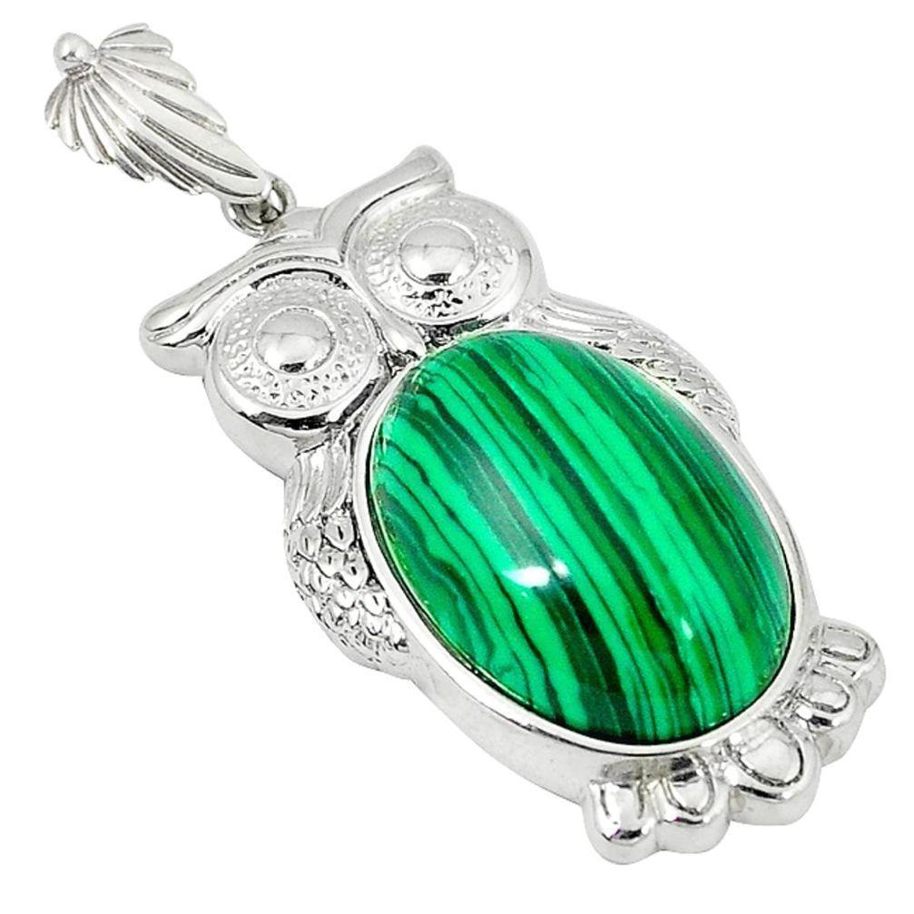 Clearance Sale-Natural green malachite (pilot's stone) 925 silver owl pendant jewelry a51909