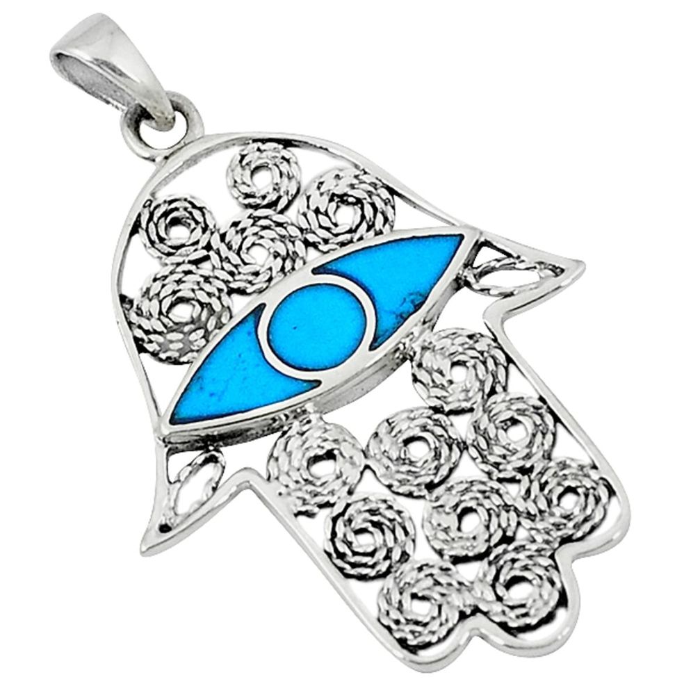 Clearance Sale-Fine blue turquoise enamel 925 silver hand of god hamsa pendant a52156