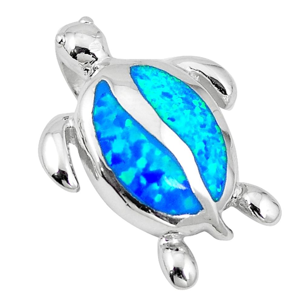 Clearance Sale-Blue australian opal (lab) 925 sterling silver turtle pendant jewelry a52479