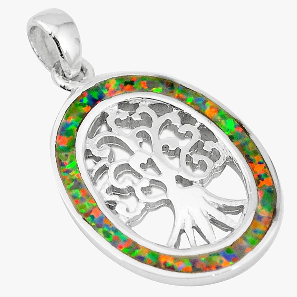 Clearance Sale-Pink australian opal (lab) 925 sterling silver tree of life pendant a52489