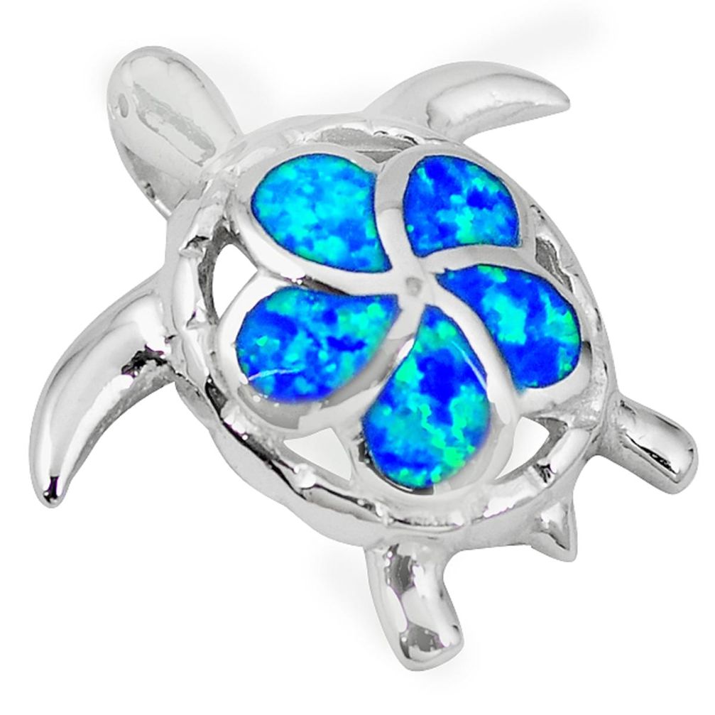 Clearance Sale-925 sterling silver blue australian opal (lab) turtle pendant a52513