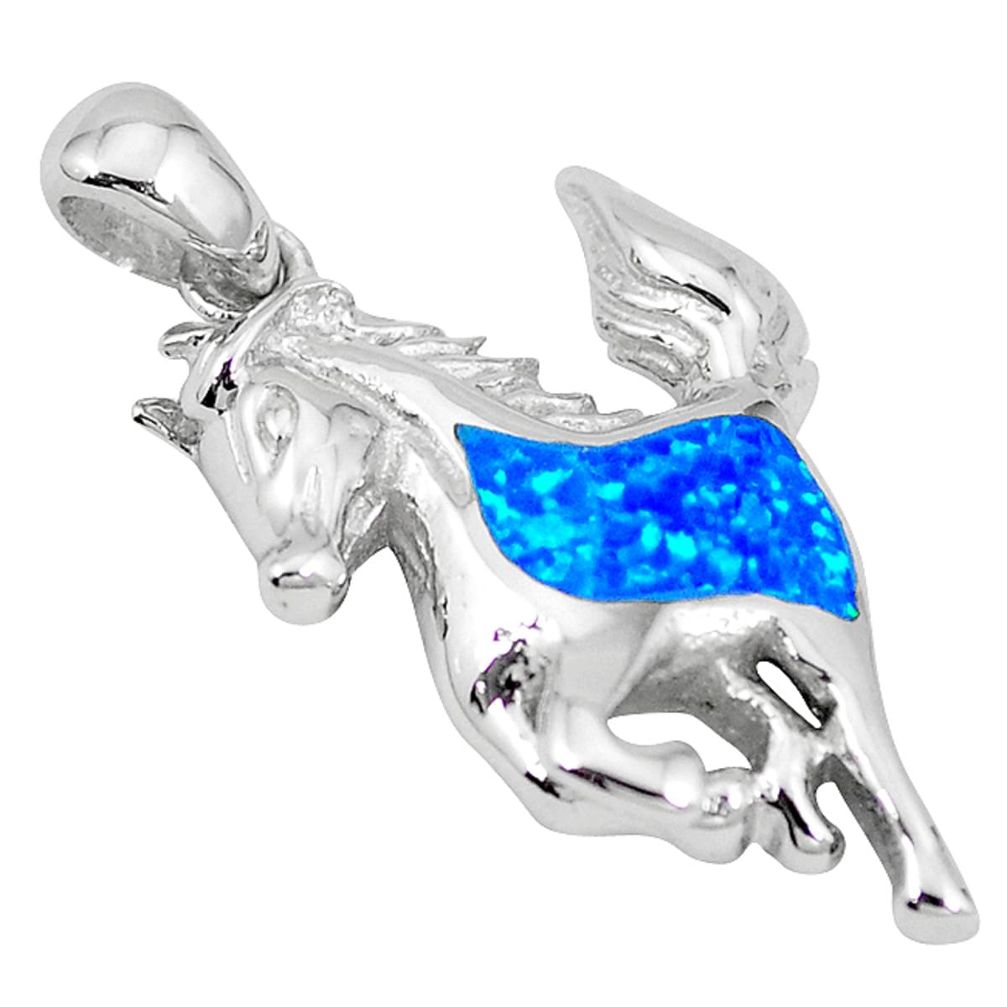 Blue australian opal (lab) enamel 925 silver horse pendant a52532