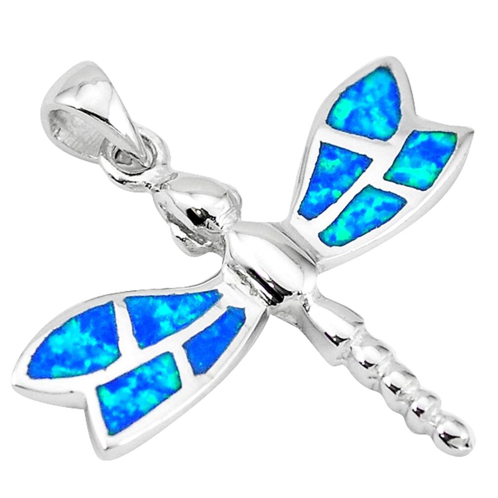 Clearance Sale-Blue australian opal (lab) enamel 925 silver dragonfly pendant a52538