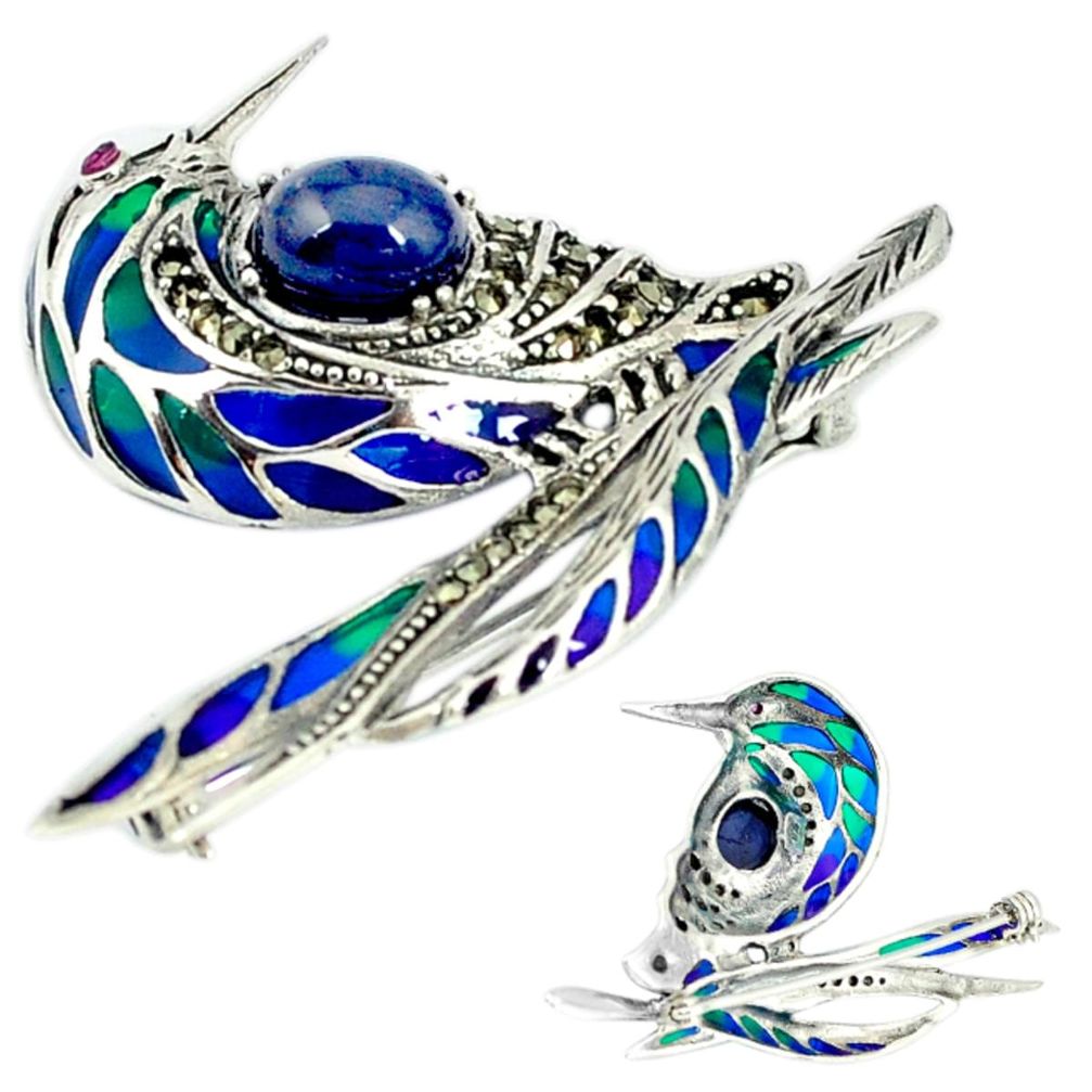 Clearance Sale-Art nouveau natural blue tanzanite marcasite 925 silver brooch pendant a53892