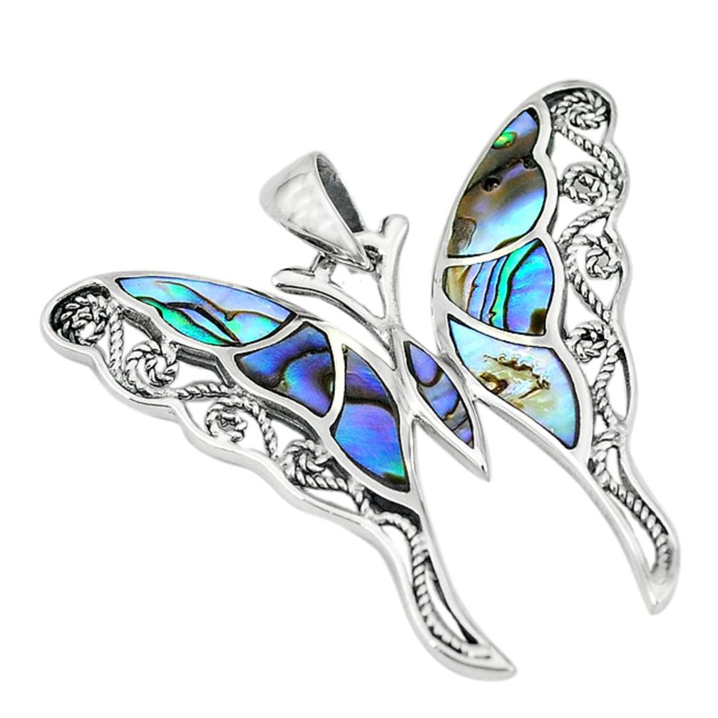 Green abalone paua seashell 925 sterling silver butterfly pendant a55397