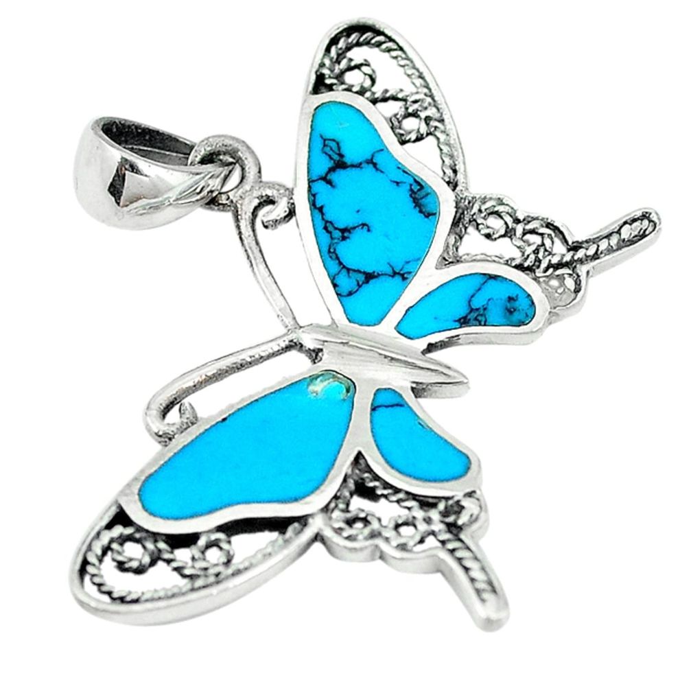 Clearance Sale-Fine blue turquoise enamel 925 sterling silver butterfly pendant a55419