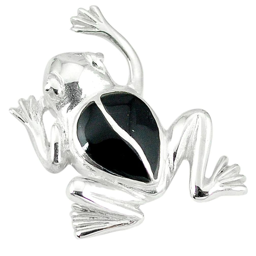 Clearance Sale-Black onyx enamel 925 sterling silver frog pendant jewelry a55451