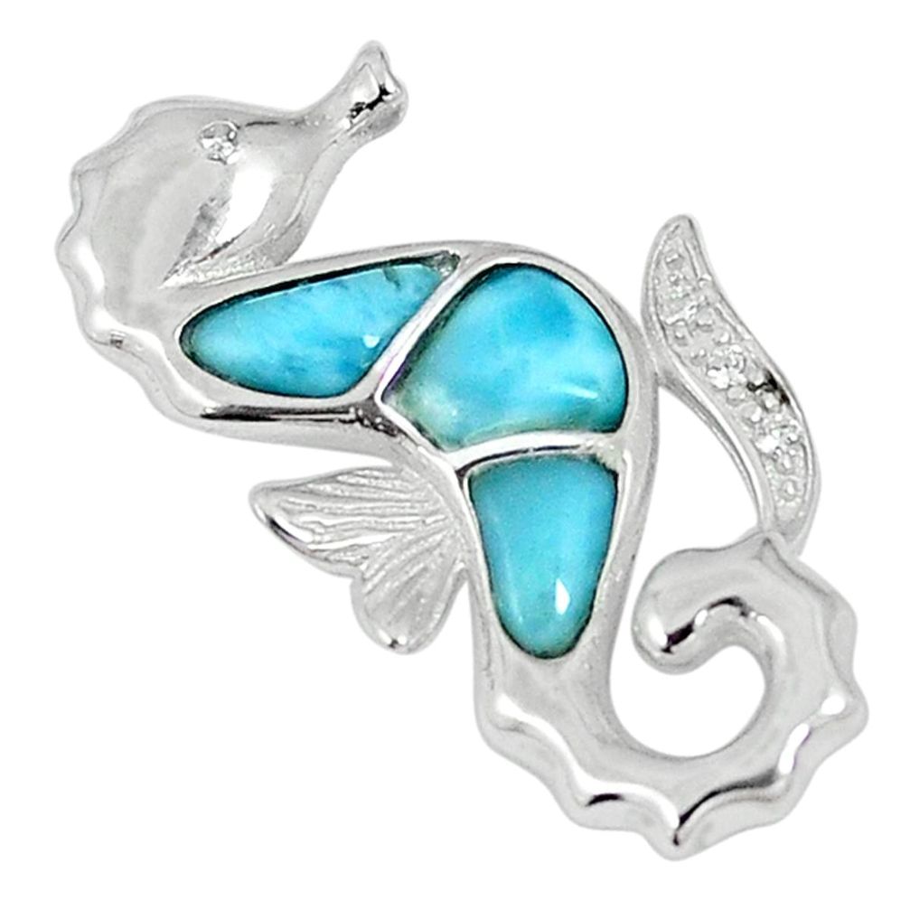 Natural blue larimar topaz 925 sterling silver seahorse pendant a56943