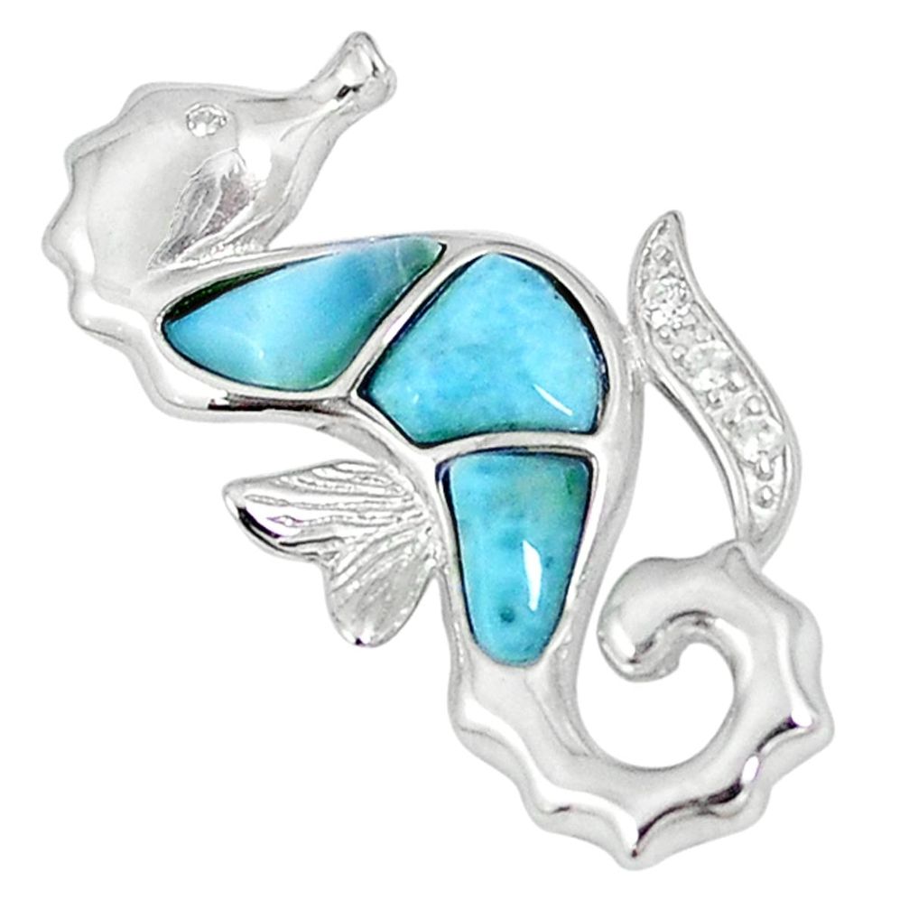 Natural blue larimar white topaz 925 sterling silver seahorse pendant a56953