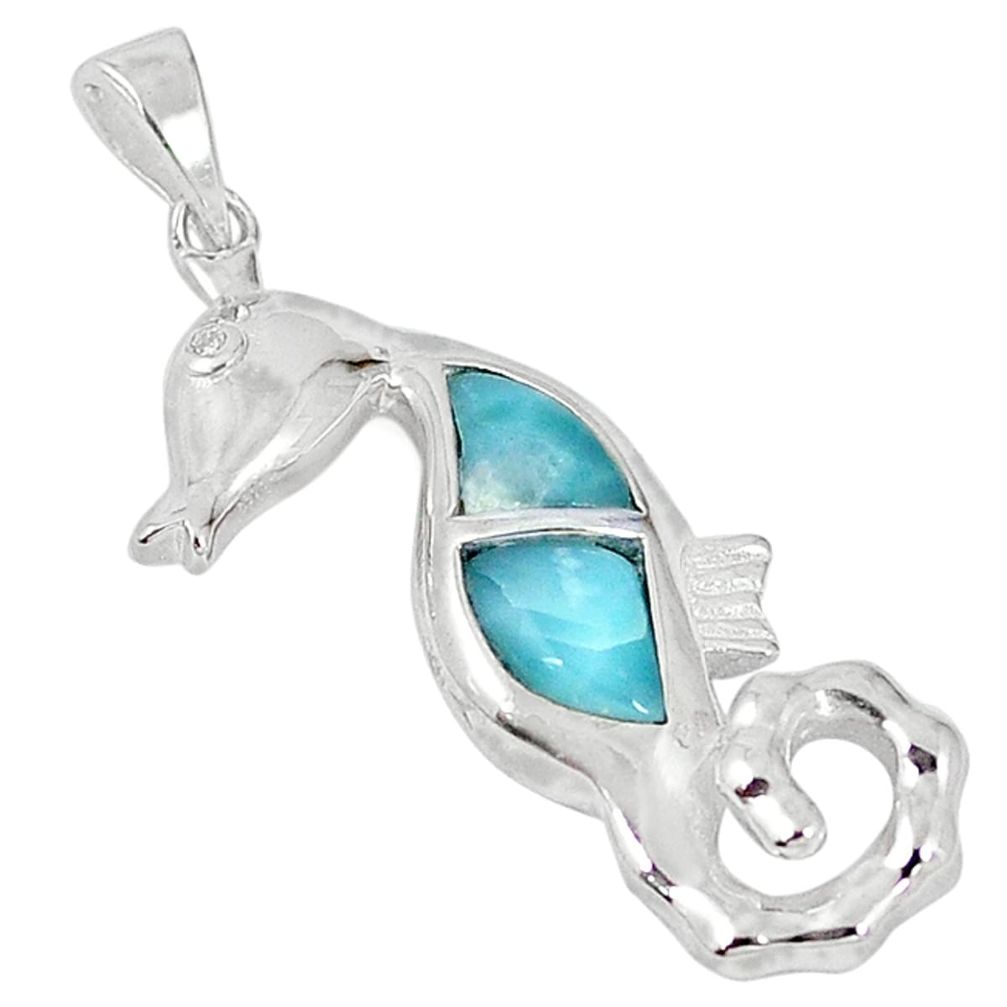 Clearance Sale-Natural blue larimar topaz 925 sterling silver seahorse pendant a57003