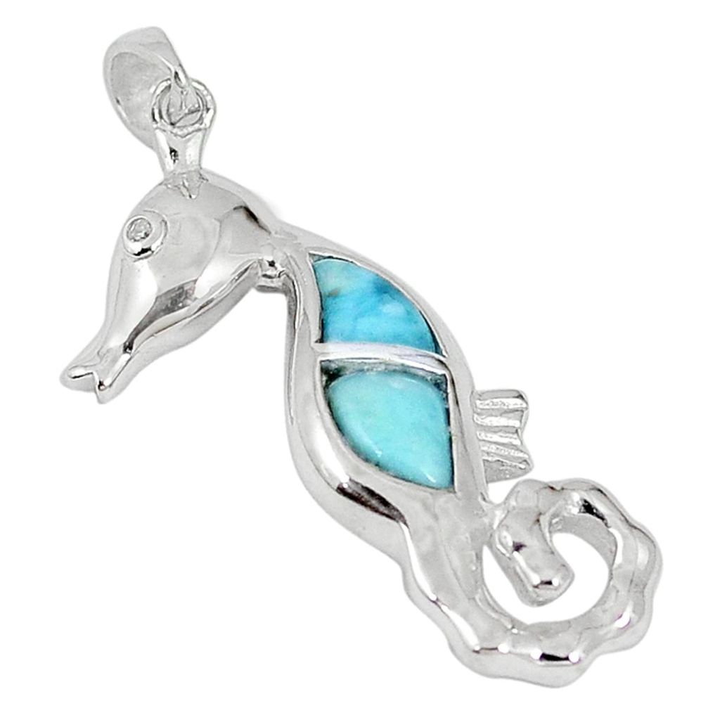 Clearance Sale-Natural blue larimar topaz 925 sterling silver seahorse pendant a57007