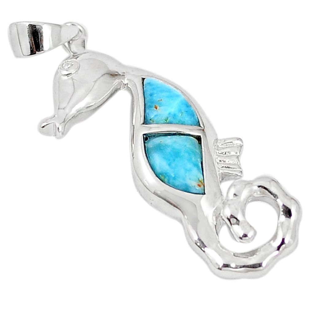 Clearance Sale-Natural blue larimar topaz 925 sterling silver seahorse pendant a57010