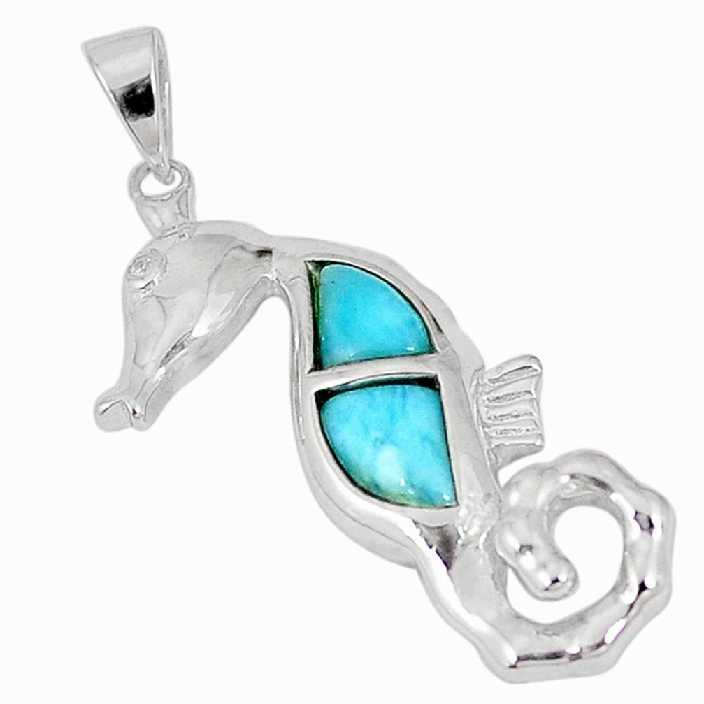 Natural blue larimar topaz 925 sterling silver seahorse pendant a57022