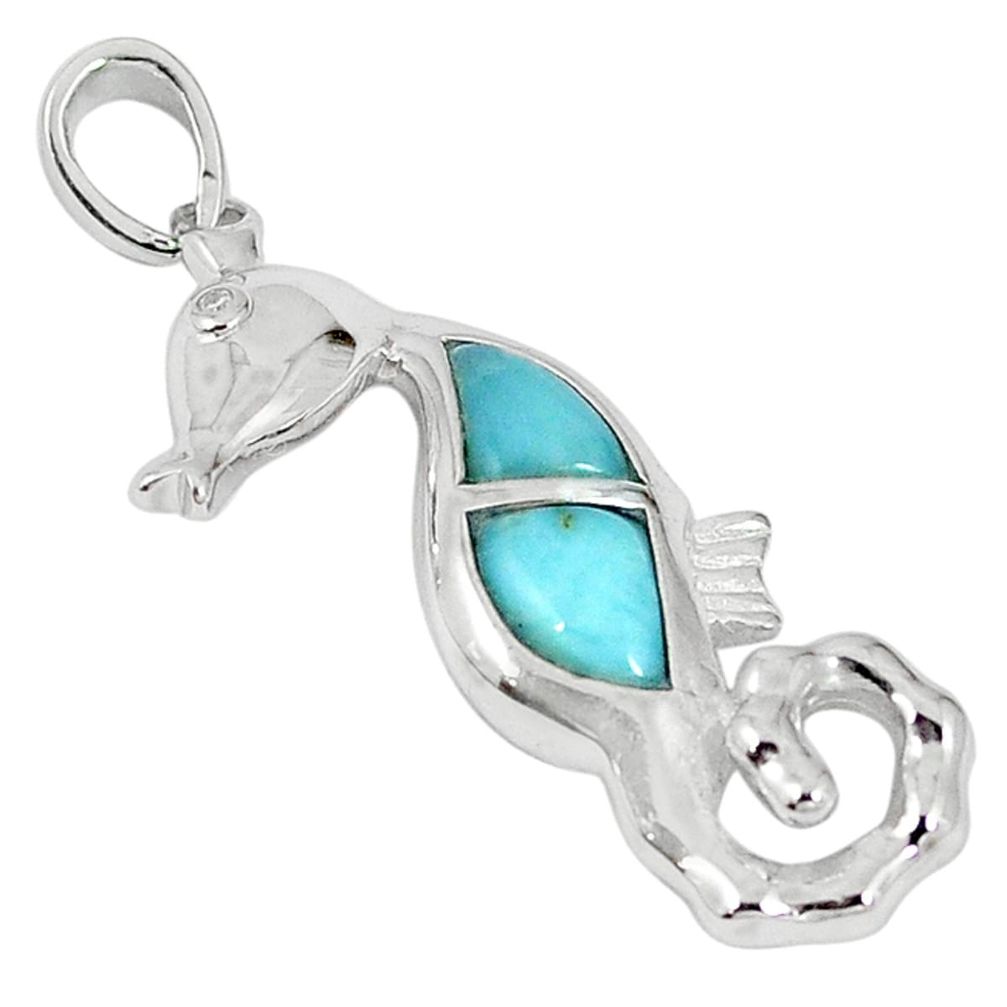 Clearance Sale-Natural blue larimar topaz 925 sterling silver seahorse pendant a57026