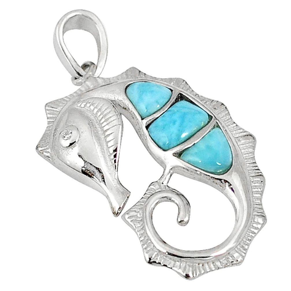 925 sterling silver natural blue larimar topaz round seahorse pendant a57099