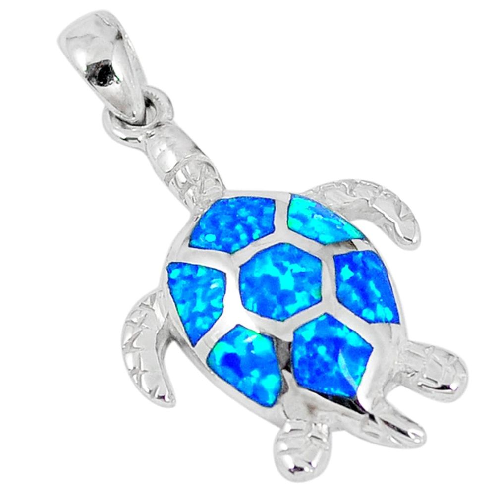 Clearance Sale-Blue australian fire opal enamel 925 sterling silver turtle pendant a57388