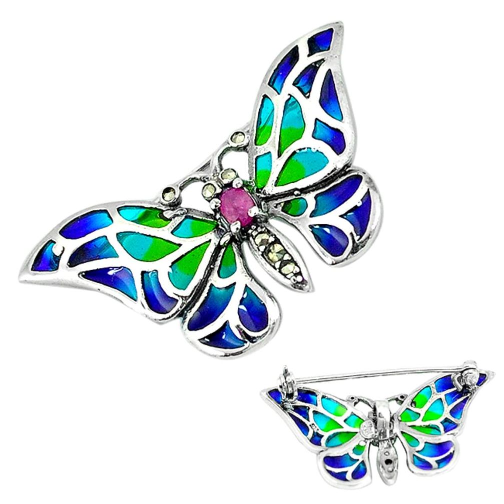 925 silver natural red ruby marcasite enamel butterfly brooch pendant a58009