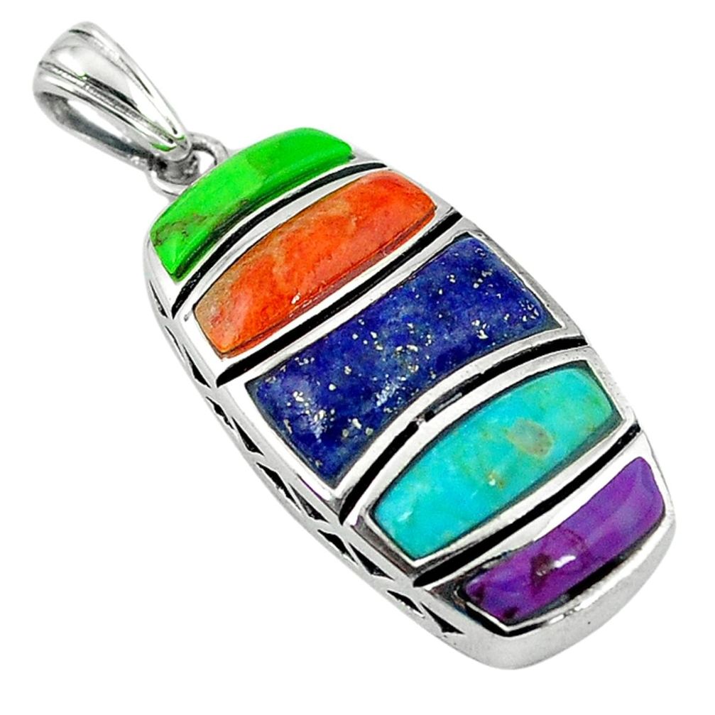 Southwestern multi color copper turquoise lapis 925 silver pendant a58381