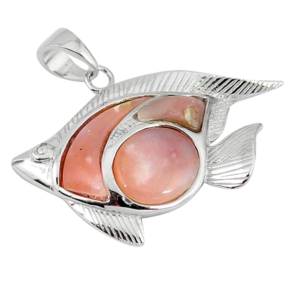 Natural pink opal white topaz 925 sterling silver fish pendant a59236