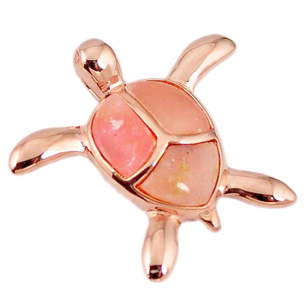 Natural pink opal 925 sterling silver 14k rose gold turtle pendant a59312