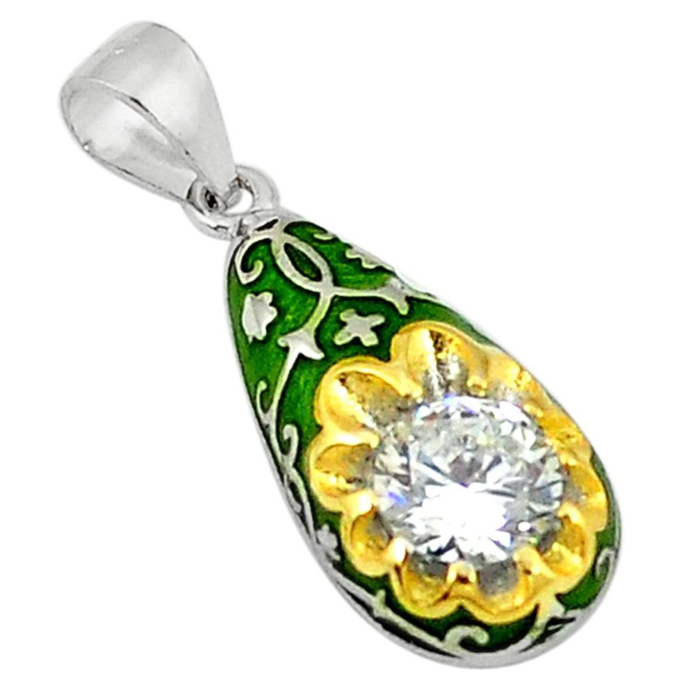 Natural white topaz round enamel 925 sterling silver 14k gold pendant a59972