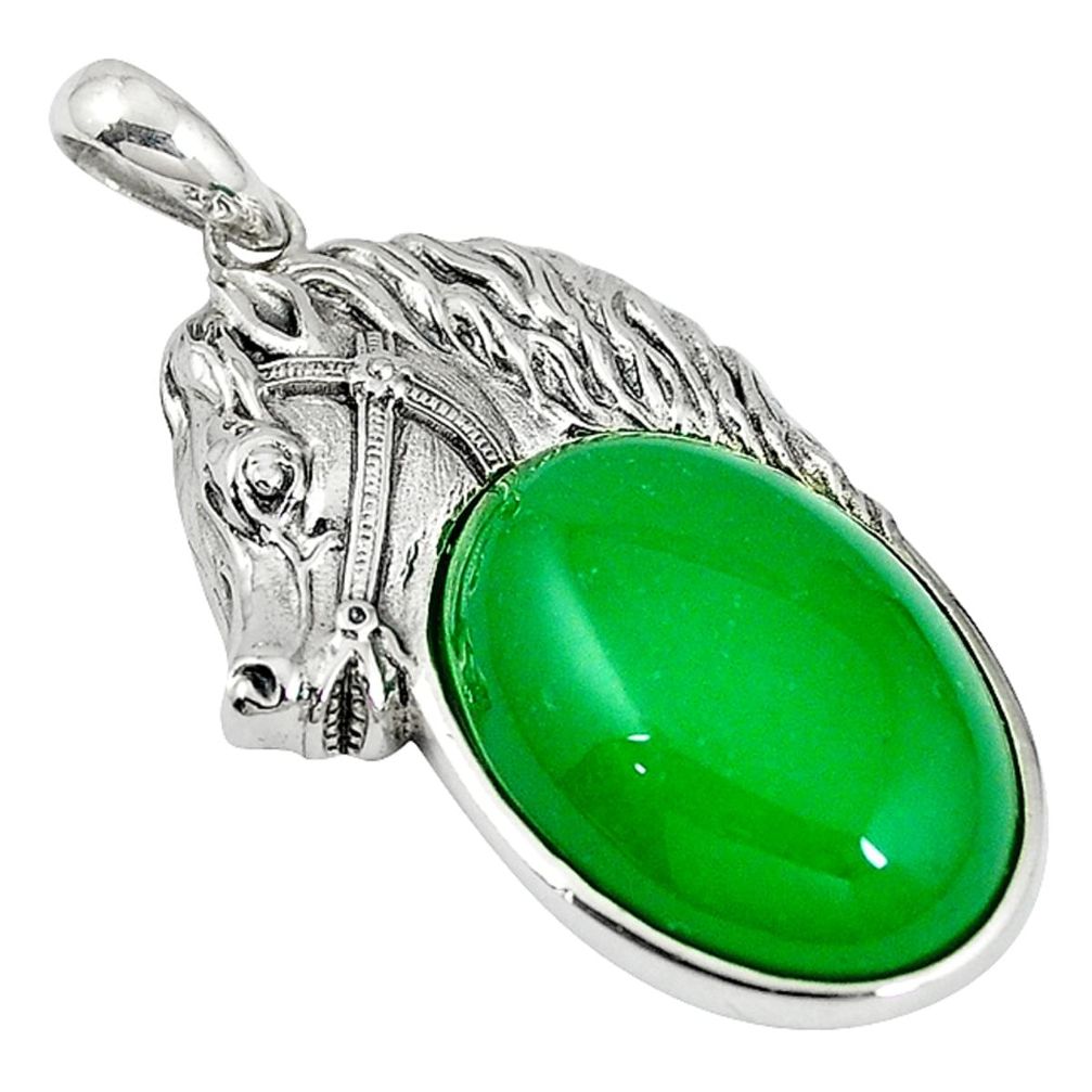 Green jade oval shape 925 sterling silver horse pendant jewelry a60457