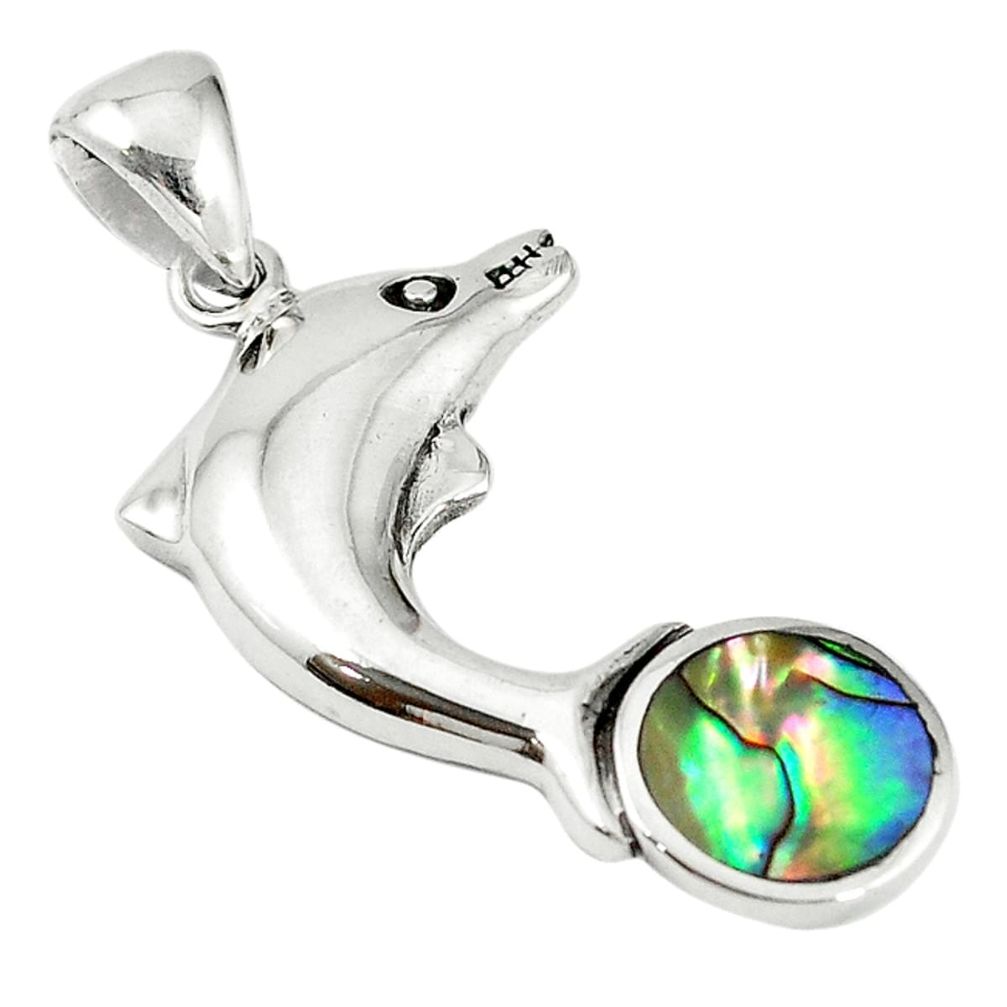 Green abalone paua seashell 925 sterling silver fish pendant jewelry a60620