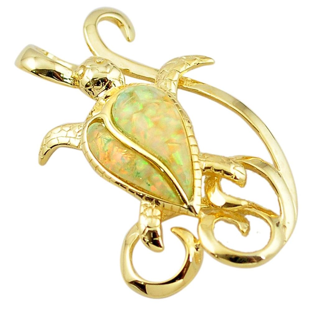 925 silver natural white australian opal (lab) 14k gold turtle pendant a61031