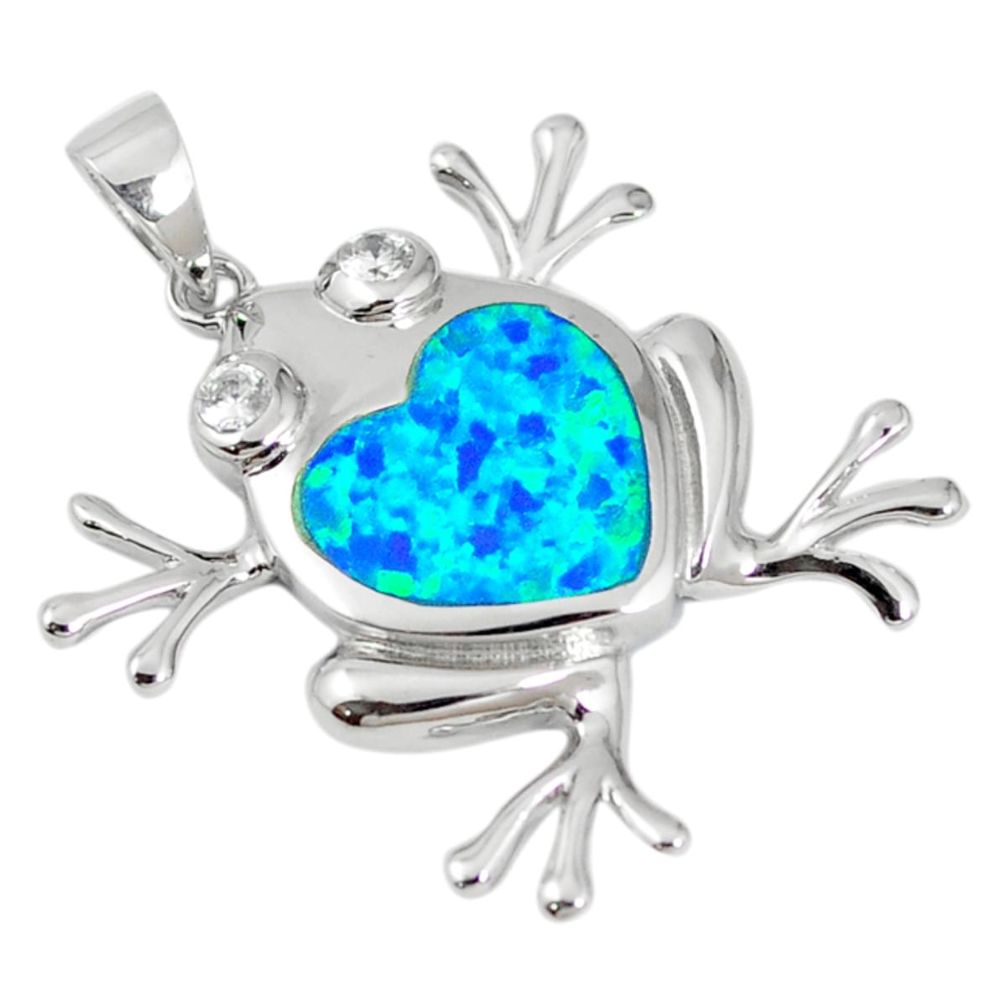Natural blue australian opal (lab) topaz 925 silver frog pendant jewelry a61363
