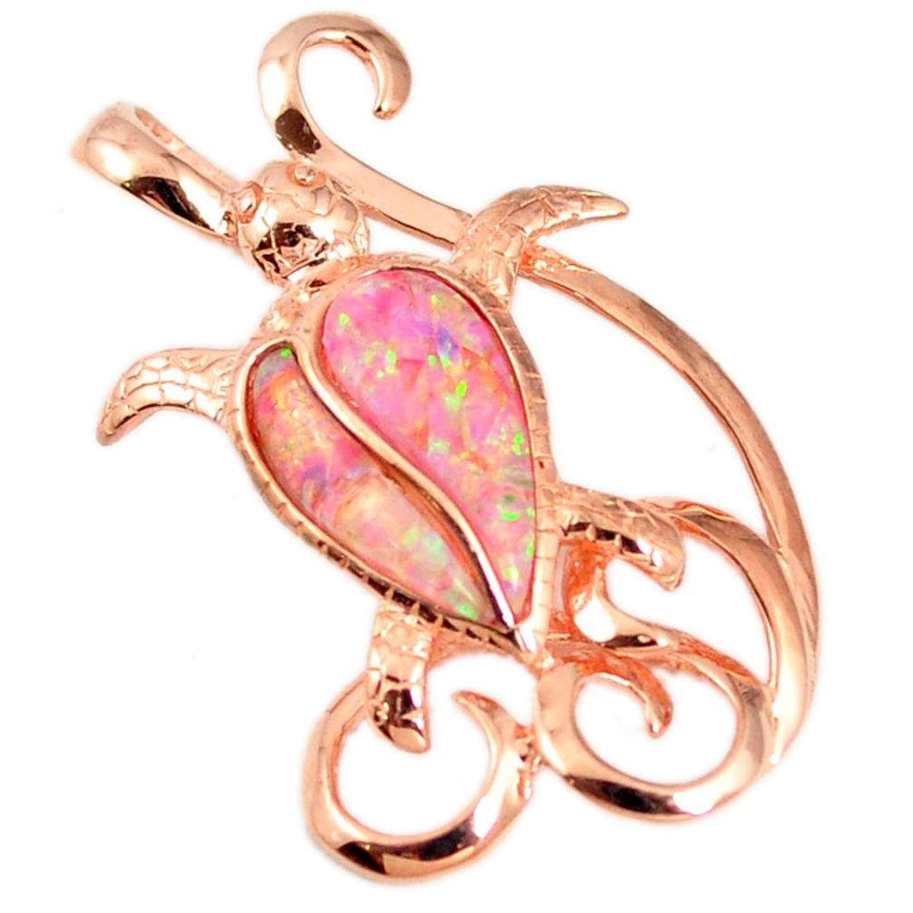 2.35cts pink australian opal (lab) 925 silver 14k gold turtle pendant a61632