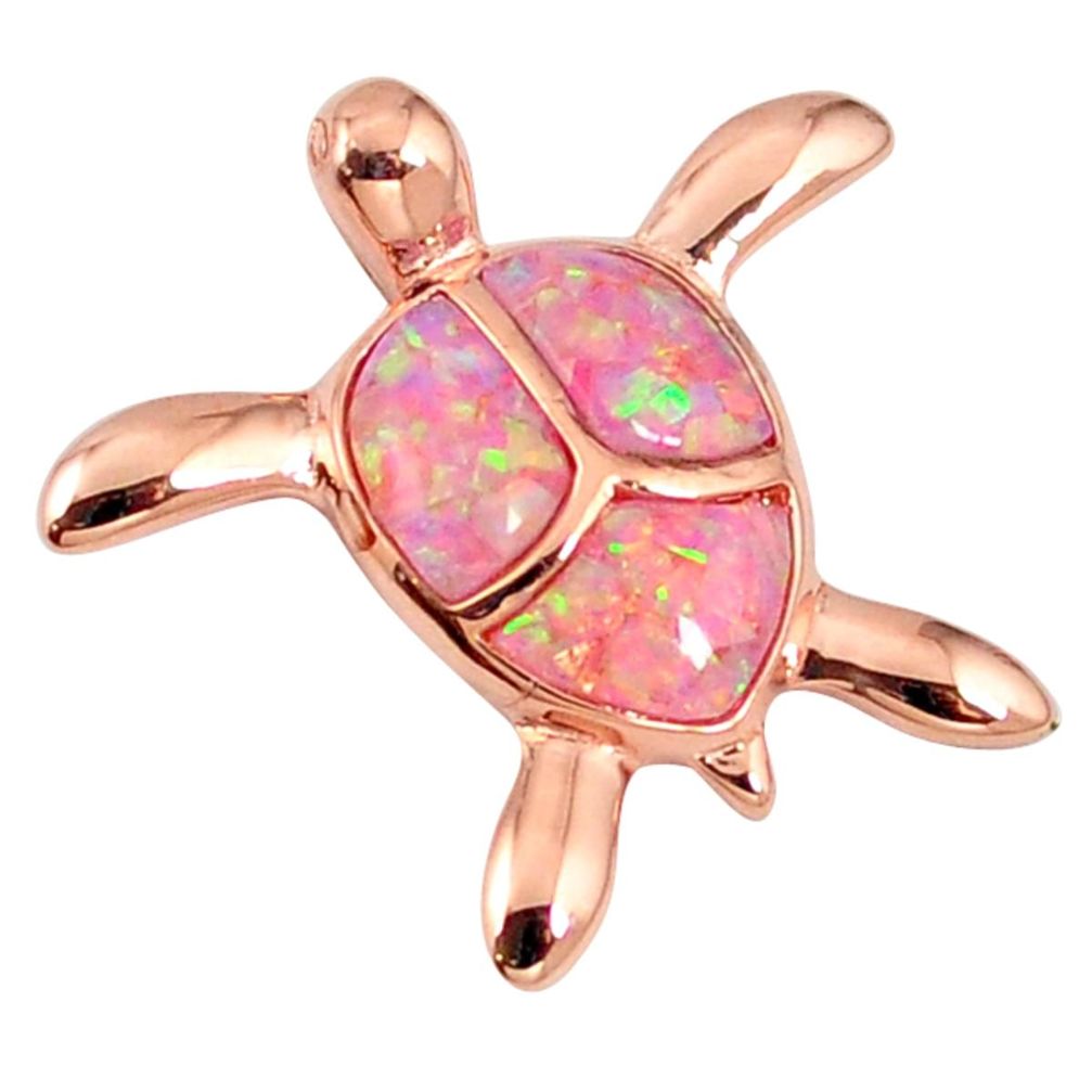 Pink australian opal (lab) 925 silver 14k rose gold turtle pendant a61654