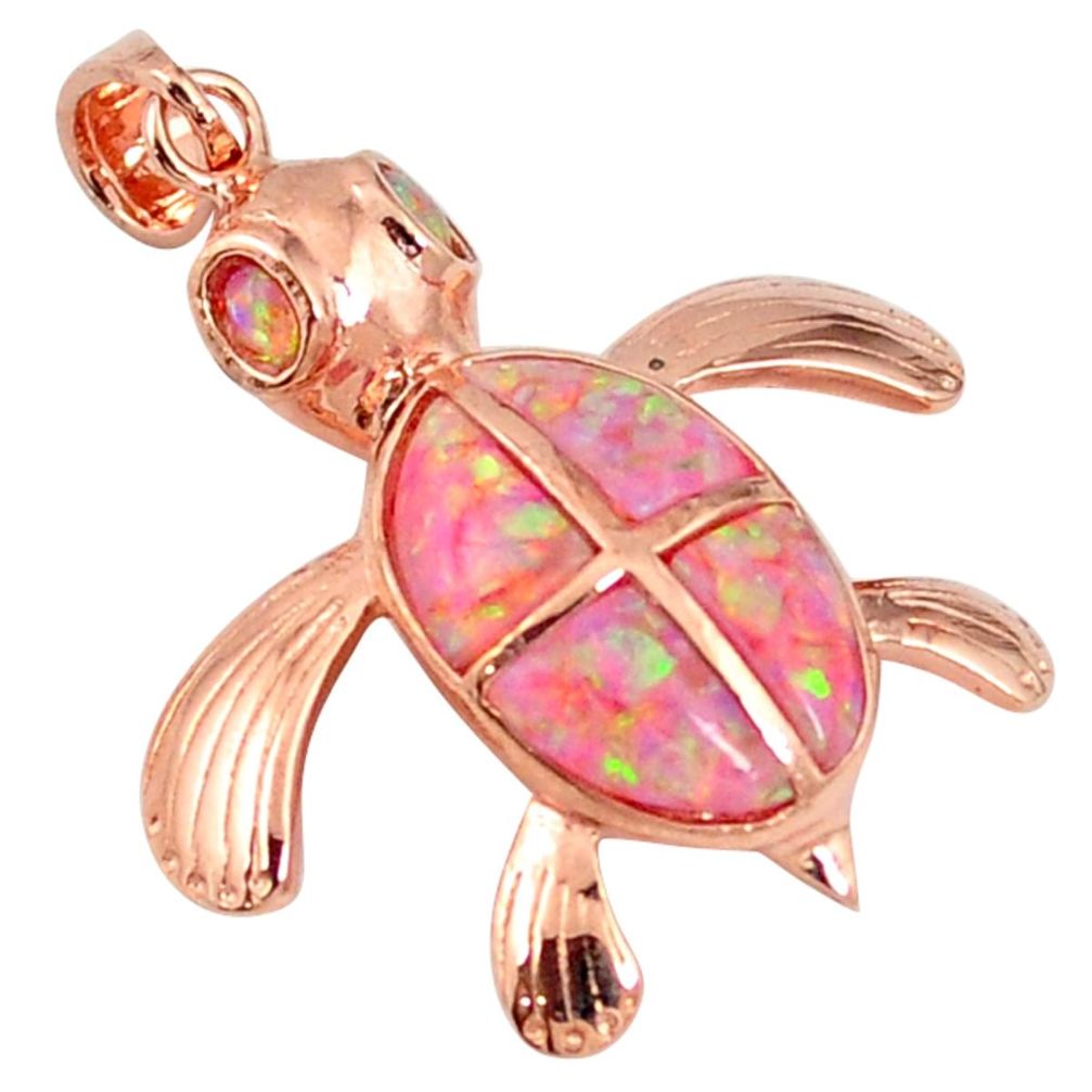 Pink australian opal (lab) 925 silver 14k rose gold turtle pendant a61759
