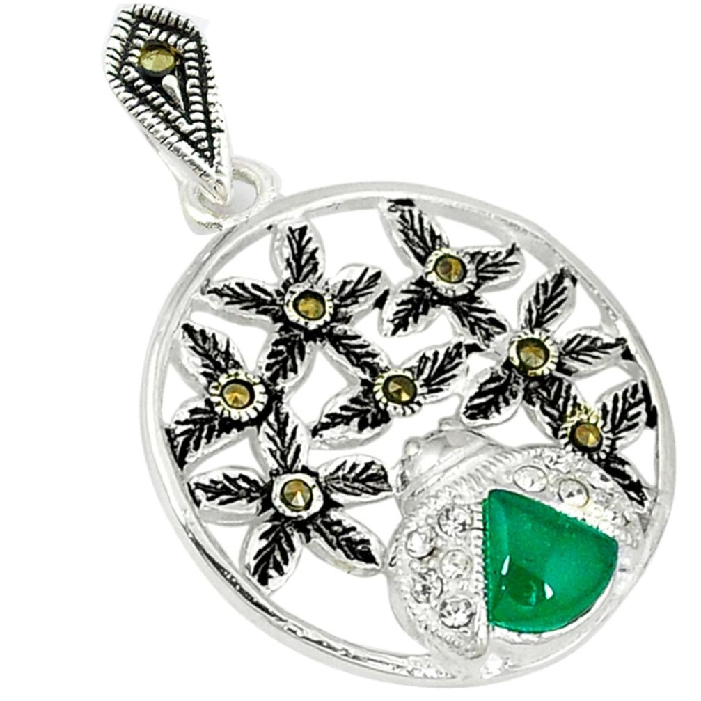 Natural green chalcedony swiss marcasite 925 sterling silver pendant a62294