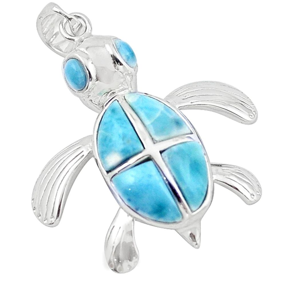 Natural blue larimar 925 sterling silver turtle pendant jewelry a62970