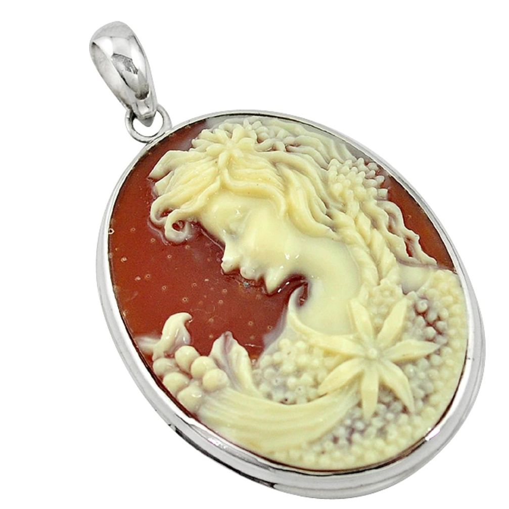White lady flower cameo 925 sterling silver pendant jewelry a63654