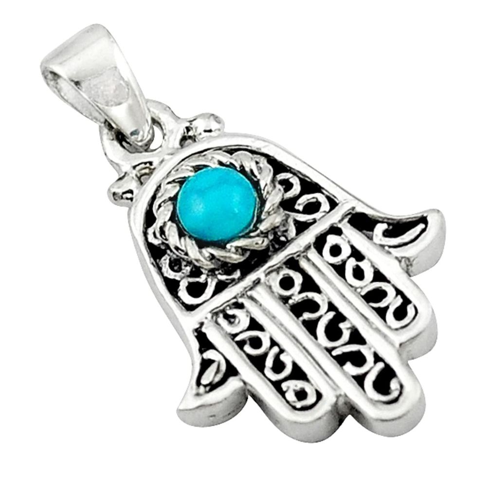 Natural green turquoise tibetan 925 silver hand of god hamsa pendant a65472