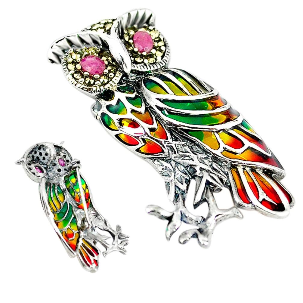 Silver natural red ruby marcasite enamel owl brooch pendant art nouveau a66764