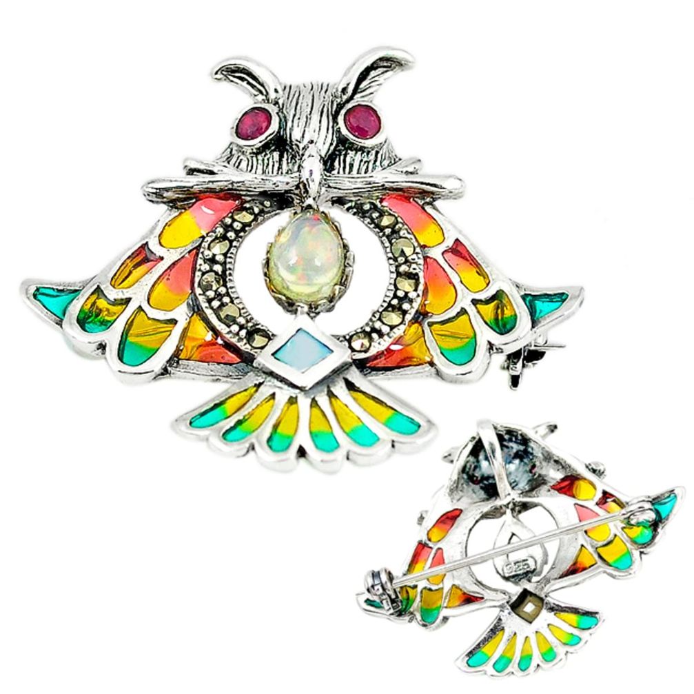 Natural art nouveau ethiopian opal ruby 925 silver owl brooch pendant a66848