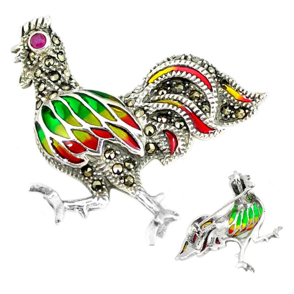 925 silver natural red ruby marcasite enamel cock brooch pendant a66864