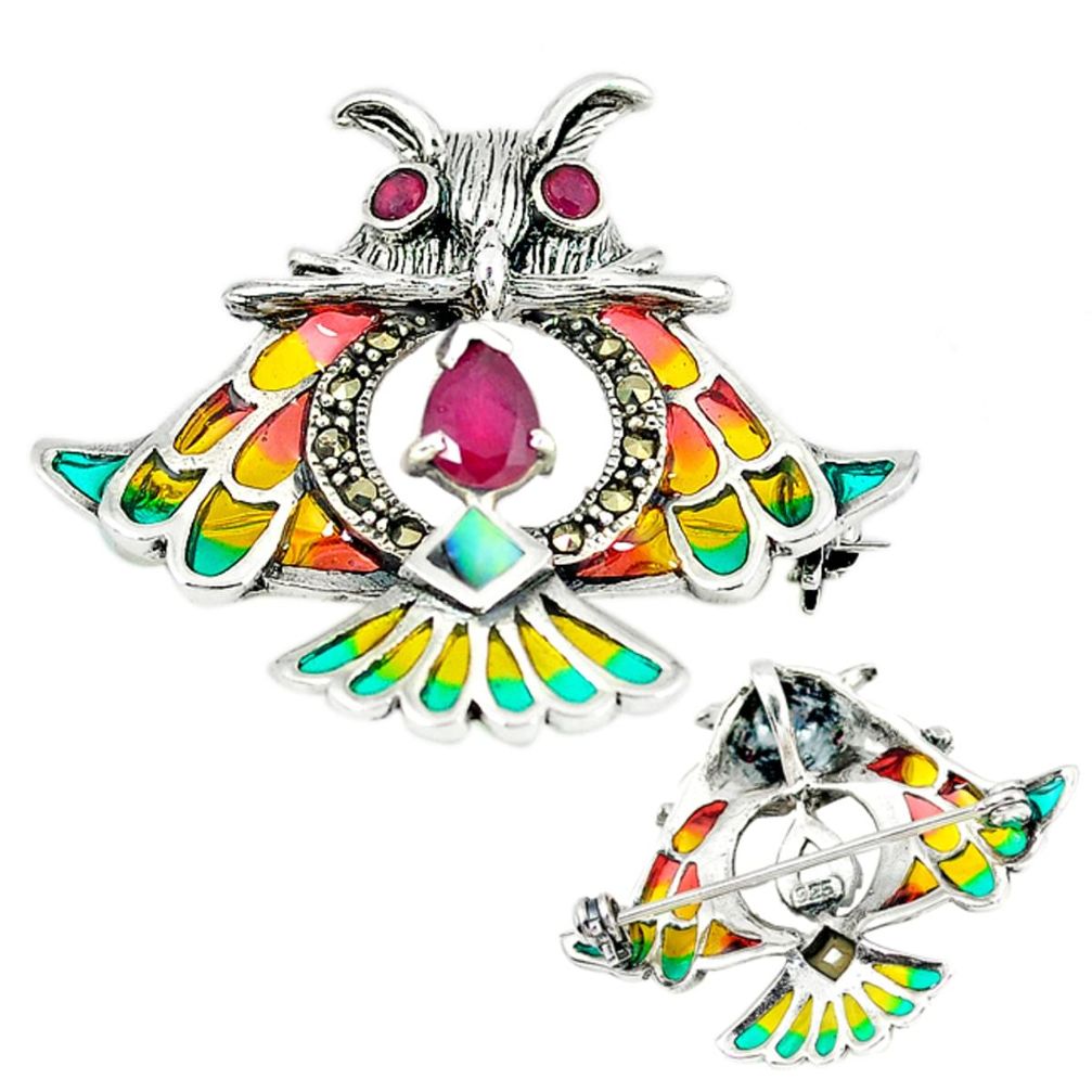 Art nouveau ruby quartz marcasite enamel 925 silver owl brooch pendant a66866