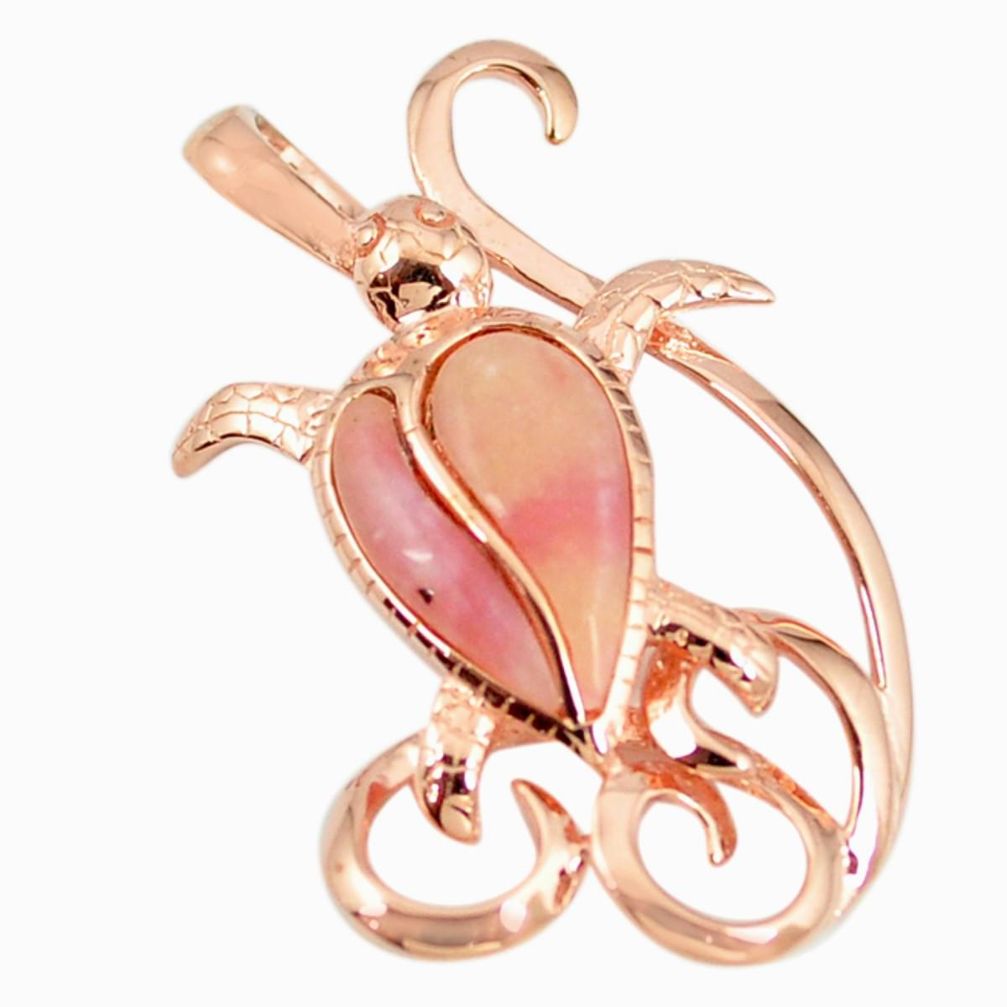 Natural pink opal 925 sterling silver 14k rose gold turtle pendant a68365