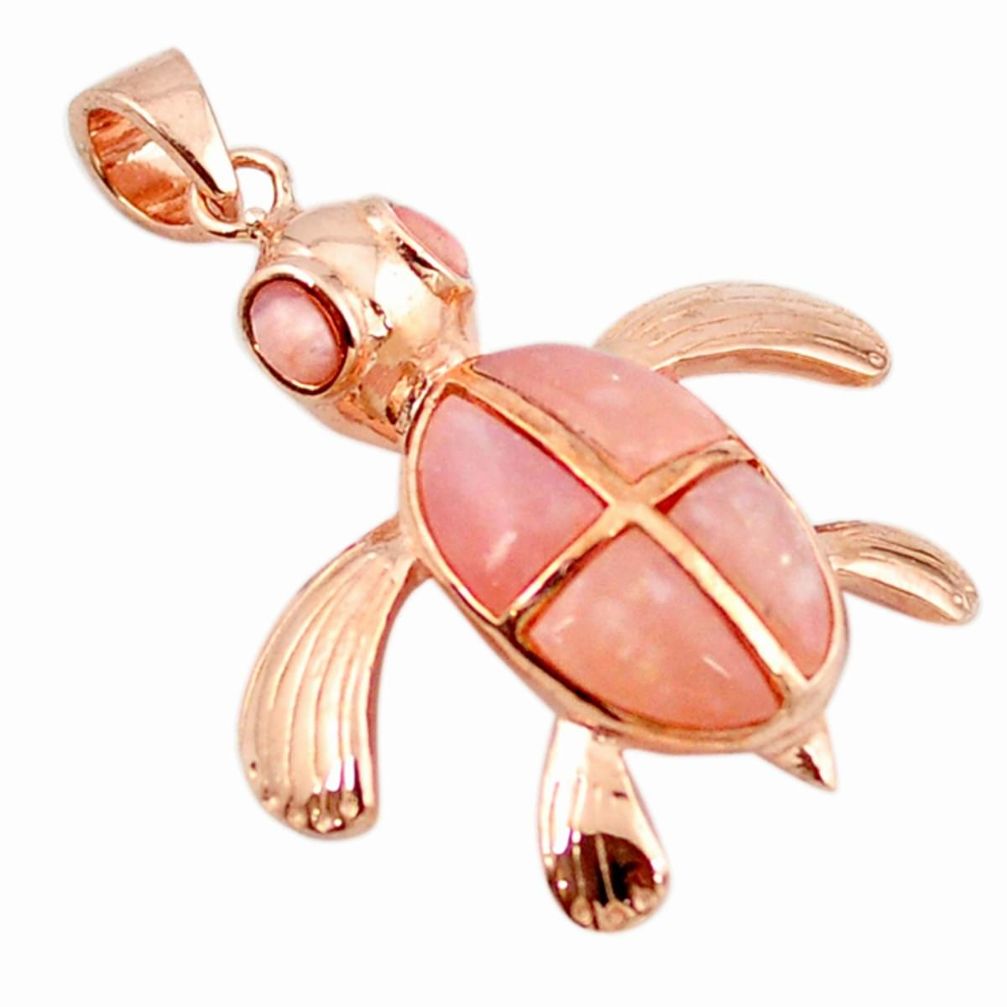 Natural pink opal 925 sterling silver 14k rose gold turtle pendant a68433