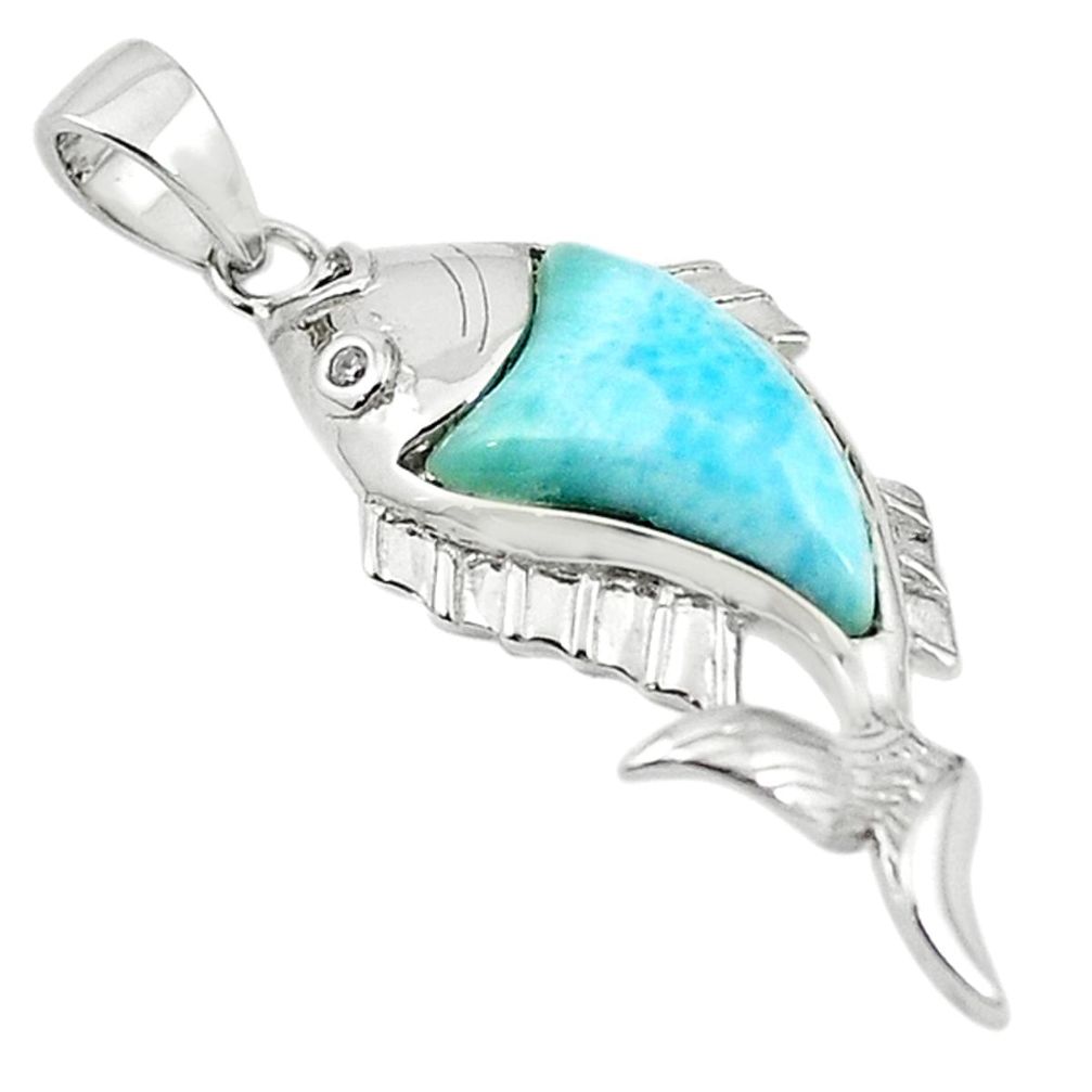 Natural blue larimar topaz 925 sterling silver fish pendant jewelry a68952