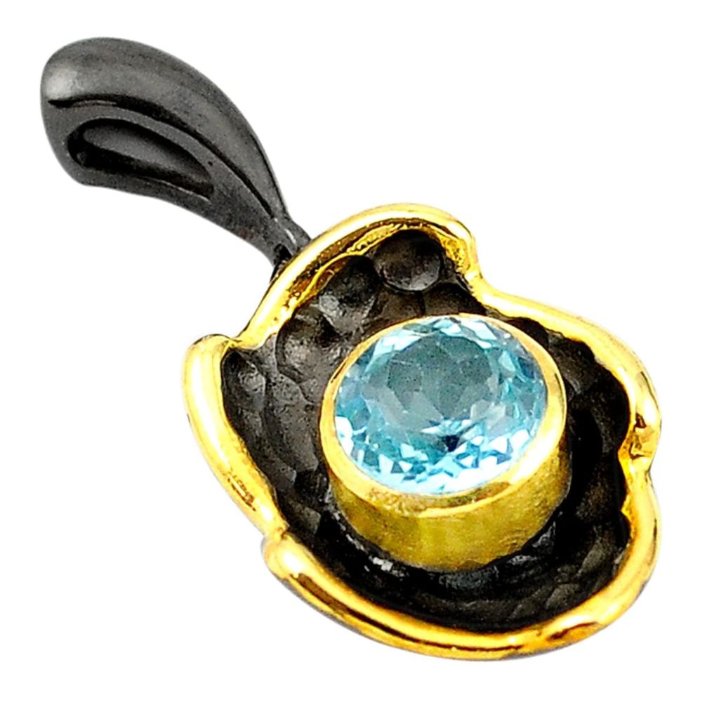 Natural blue topaz black rhodium 925 silver 14k gold pendant jewelry a70423